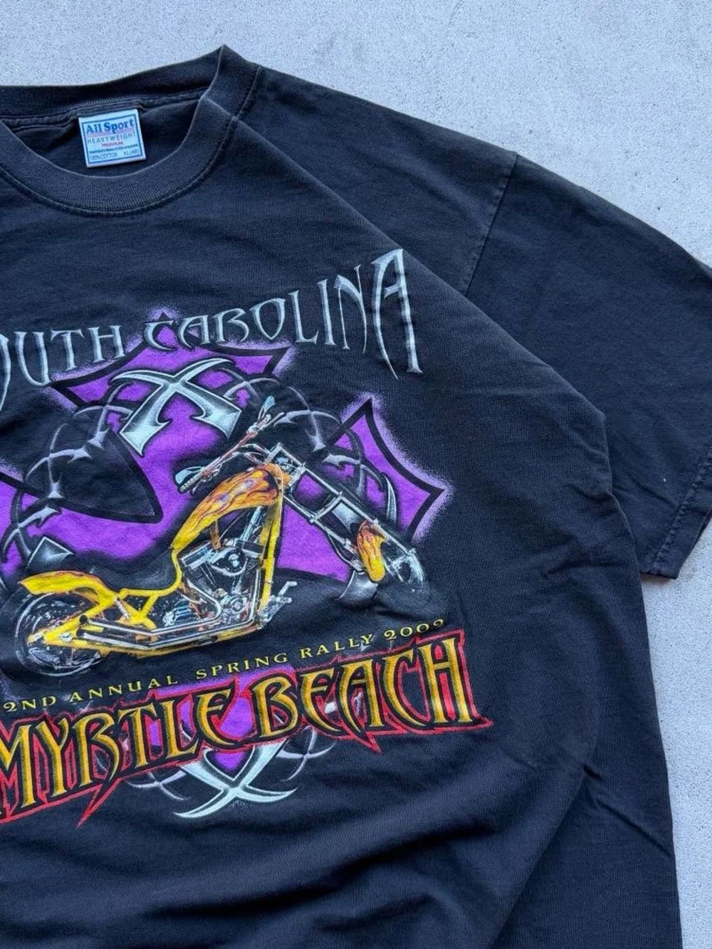Vintage Y2k 2000s Faded Myrtle Beach Spring Rally Biker Flames Cross Chopper Tee